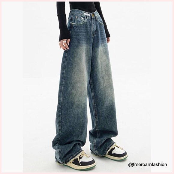 Wide Leg Boyfriend Jeans High Rise Distressed Vintage Denim Pants - Picture 5 of 7